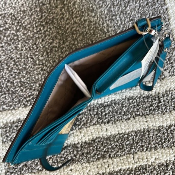 Michael Kors Large Double Zip Leather Wallet Wristlet Phone Case Lagoon - Picture 11 of 16